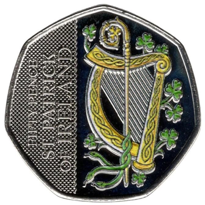 Guernsey 50 Pence - Charles III Patron Saints - St. Patrick; Coloured reverse