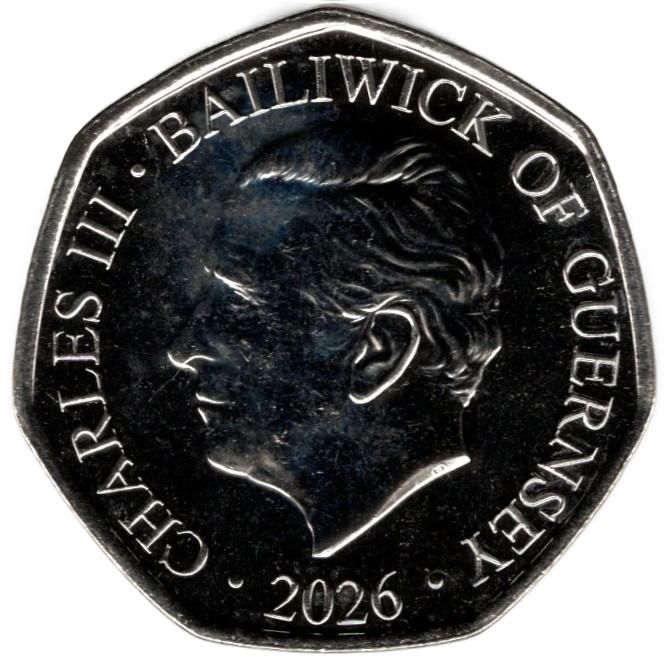 Guernsey 50 Pence - Charles III Patron Saints - St. Andrew; Coloured obverse