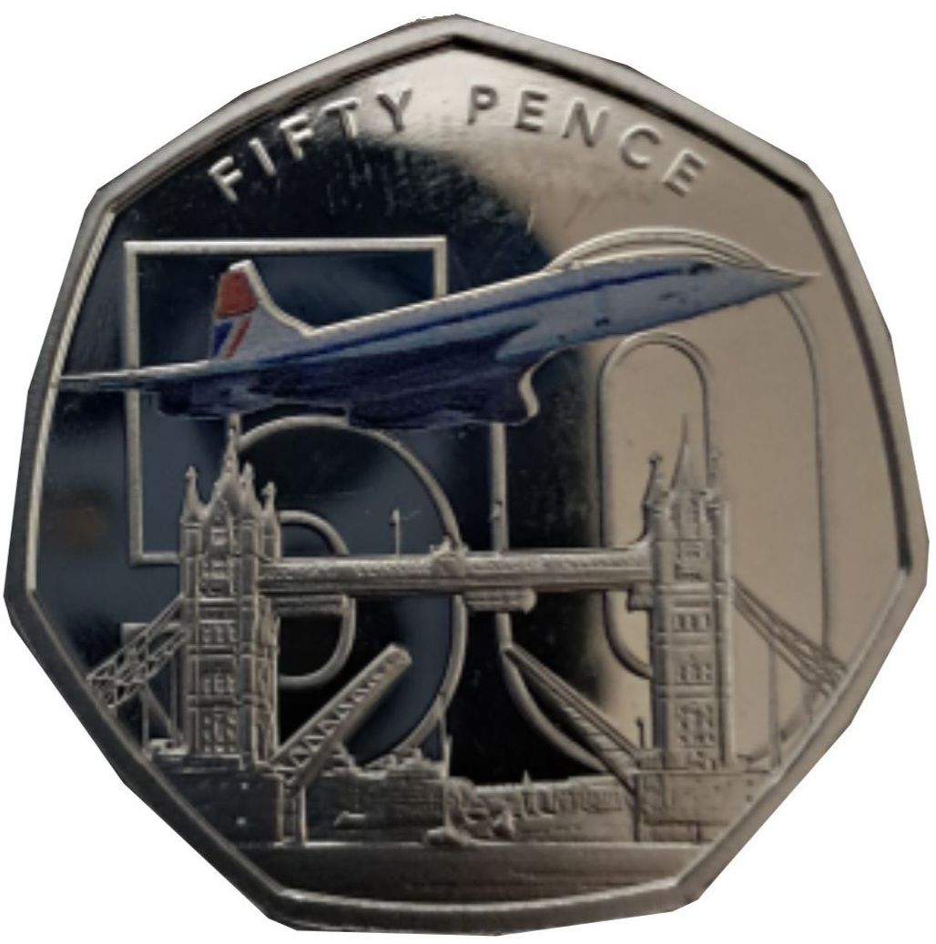Jersey 50 Pence - Charles III 50th Anniversary of Concorde - Tower Bridge London; Coloured reverse