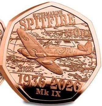 Guernsey 50 Pence - Charles III Spitfire - Mk IX; Gold reverse