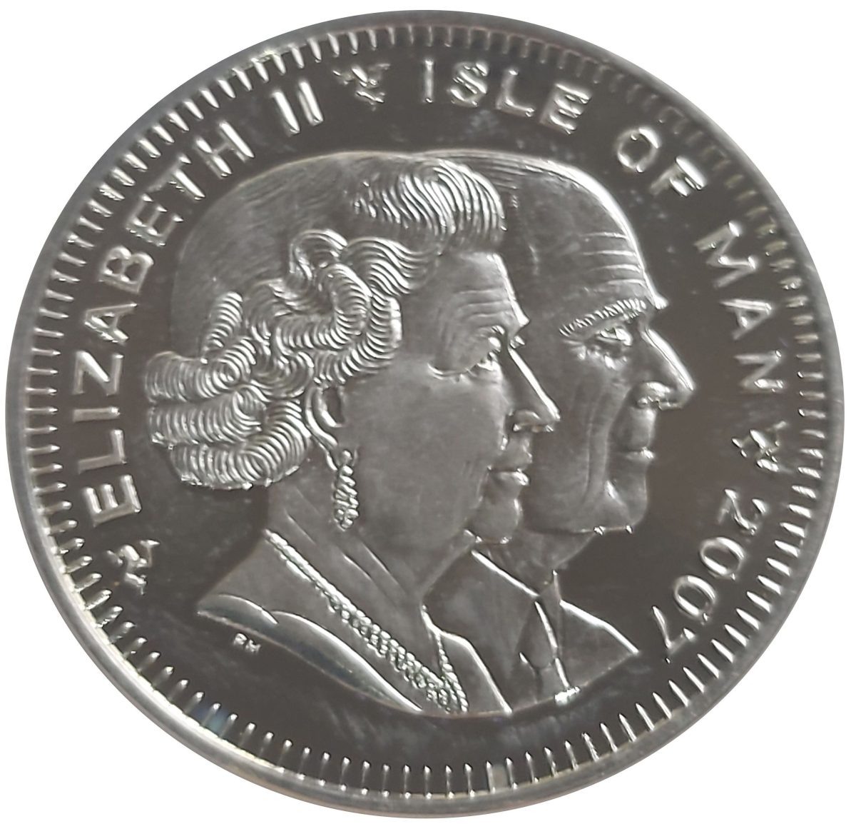 Isle of Man 1 Crown - Elizabeth II Diamond Wedding - Wesminster Abbey; Silver Proof with gold ink obverse