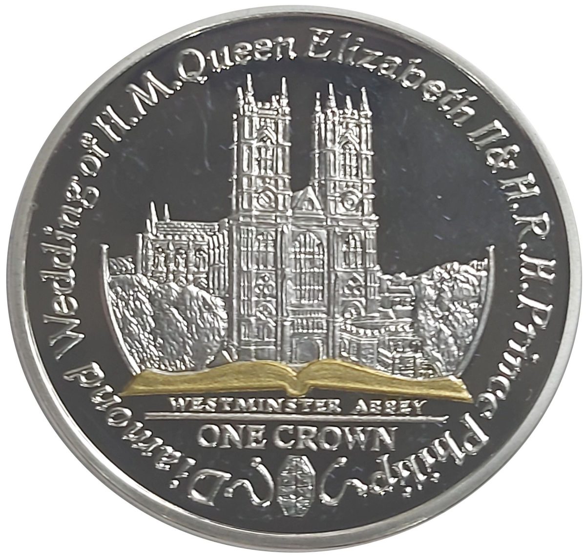 Isle of Man 1 Crown - Elizabeth II Diamond Wedding - Wesminster Abbey; Silver Proof with gold ink reverse