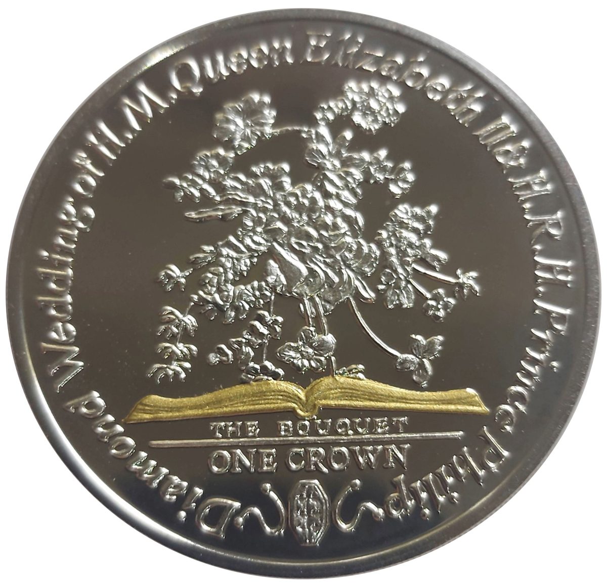 Isle of Man 1 Crown - Elizabeth II Diamond Wedding - Bouquet; Silver Proof with gold ink