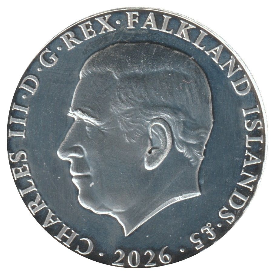 Falkland Islands 5 Pounds - Charles III Southern Rockhopper Penguin; silver obverse