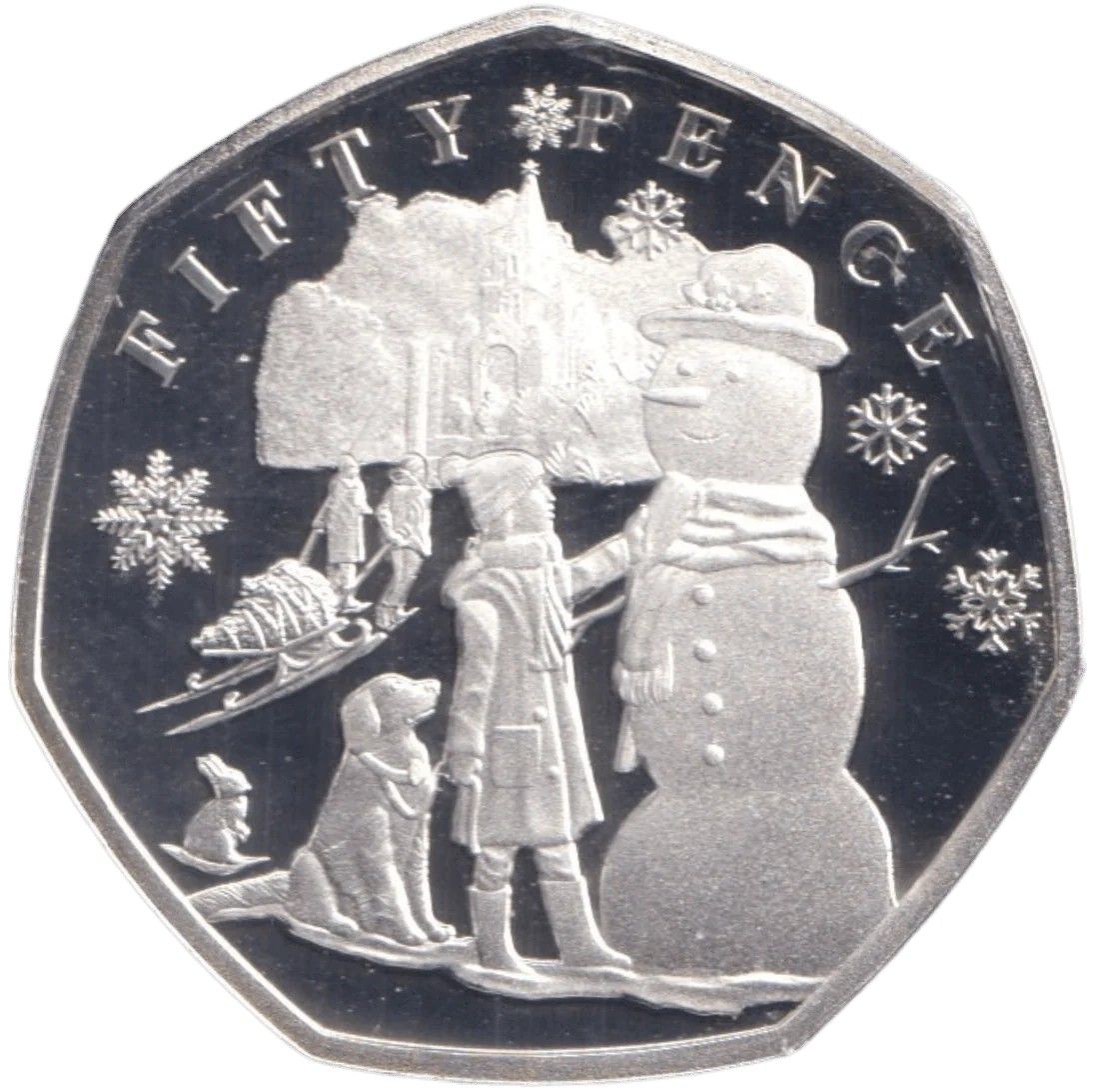 Guernsey 50 Pence - Charles III Christmas Snowmen - Girl and Dog; Silver Proof