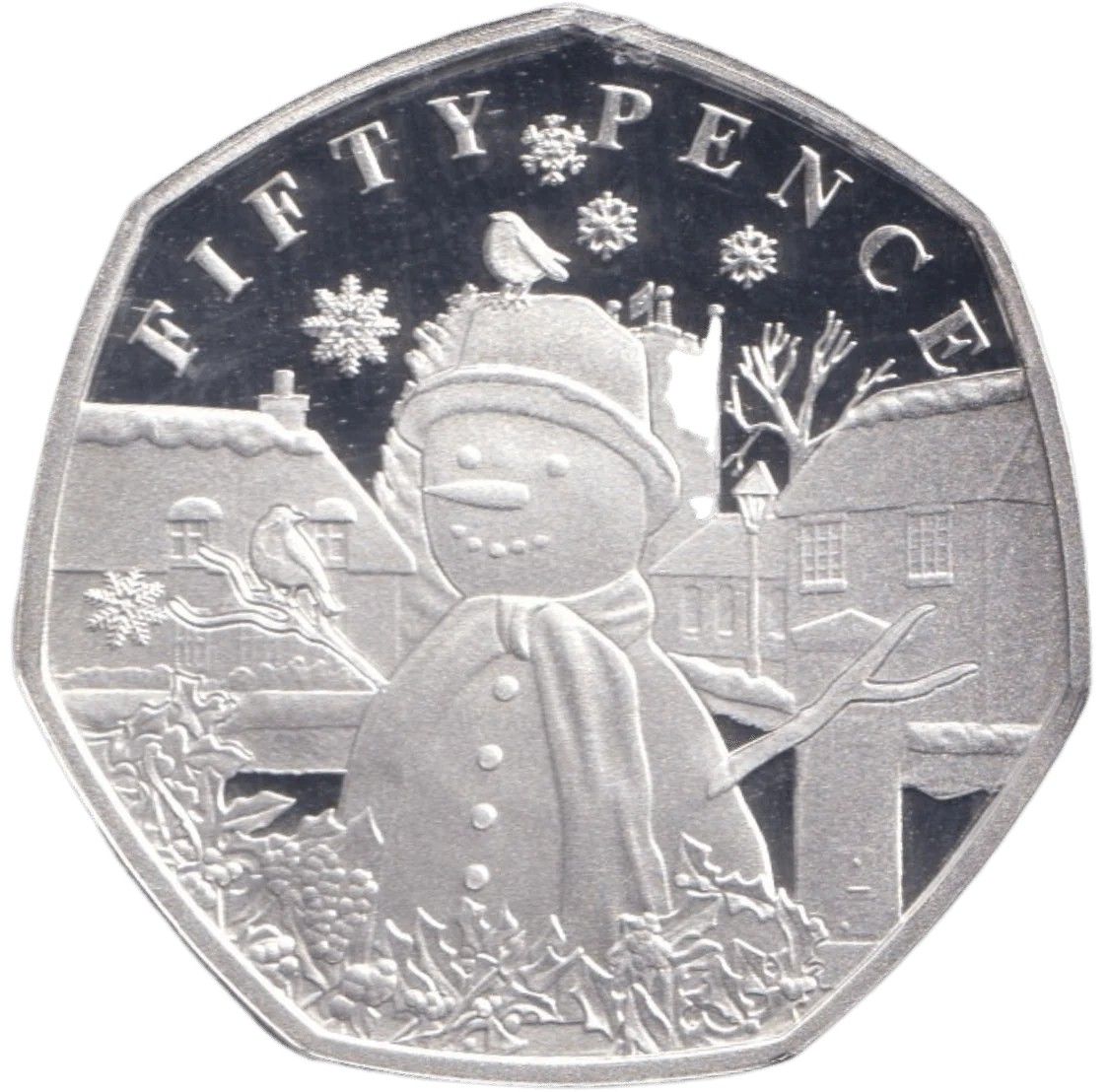 Guernsey 50 Pence - Charles III Christmas Snowmen - Robins; Silver Proof reverse