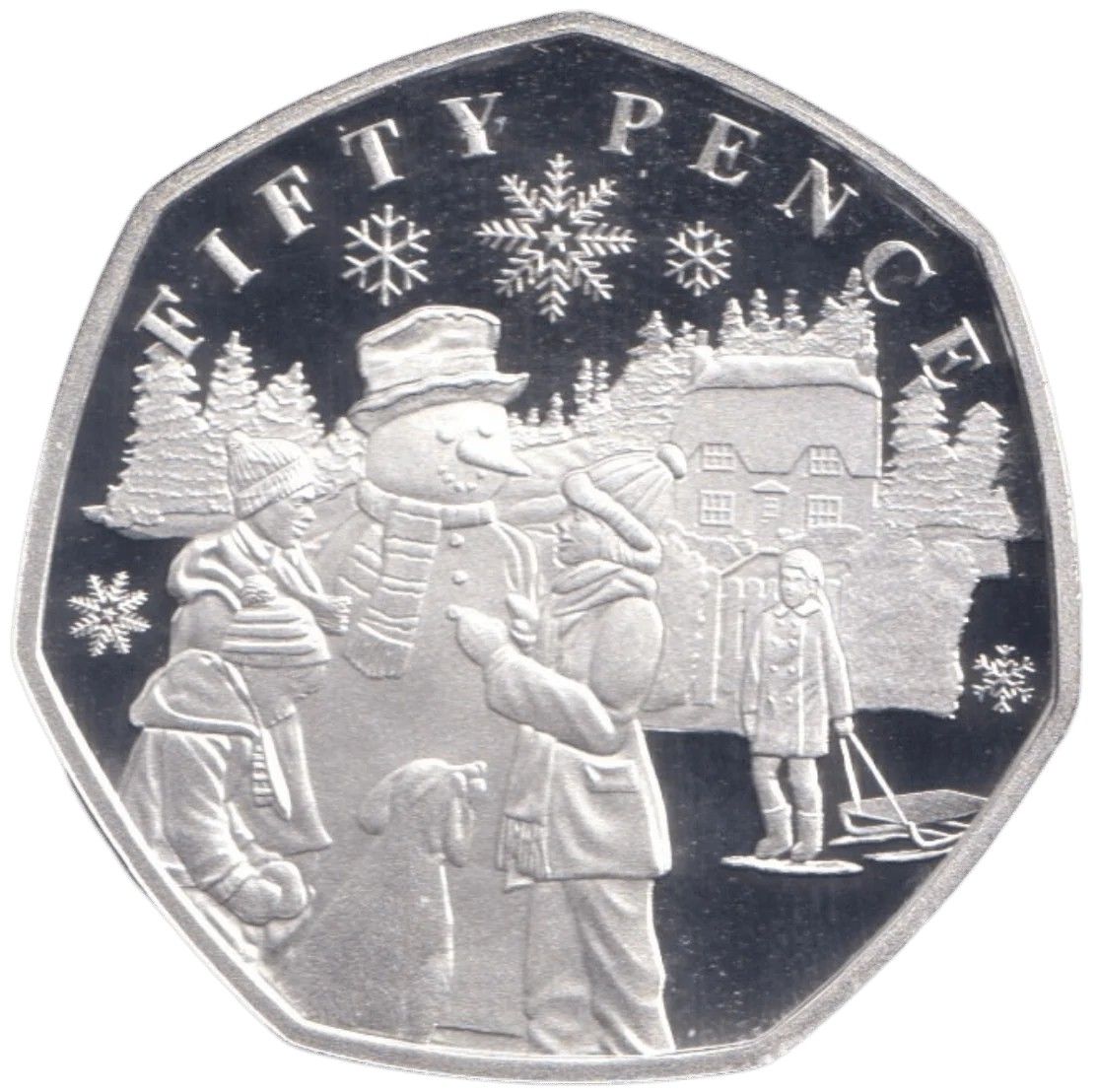 Guernsey 50 Pence - Charles III Christmas Snowmen - Children; Silver Proof reverse