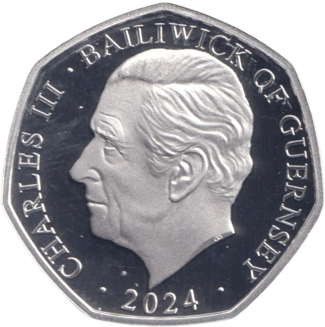 Guernsey 50 Pence - Charles III Christmas Snowmen - Father Christmas; Silver Proof obverse