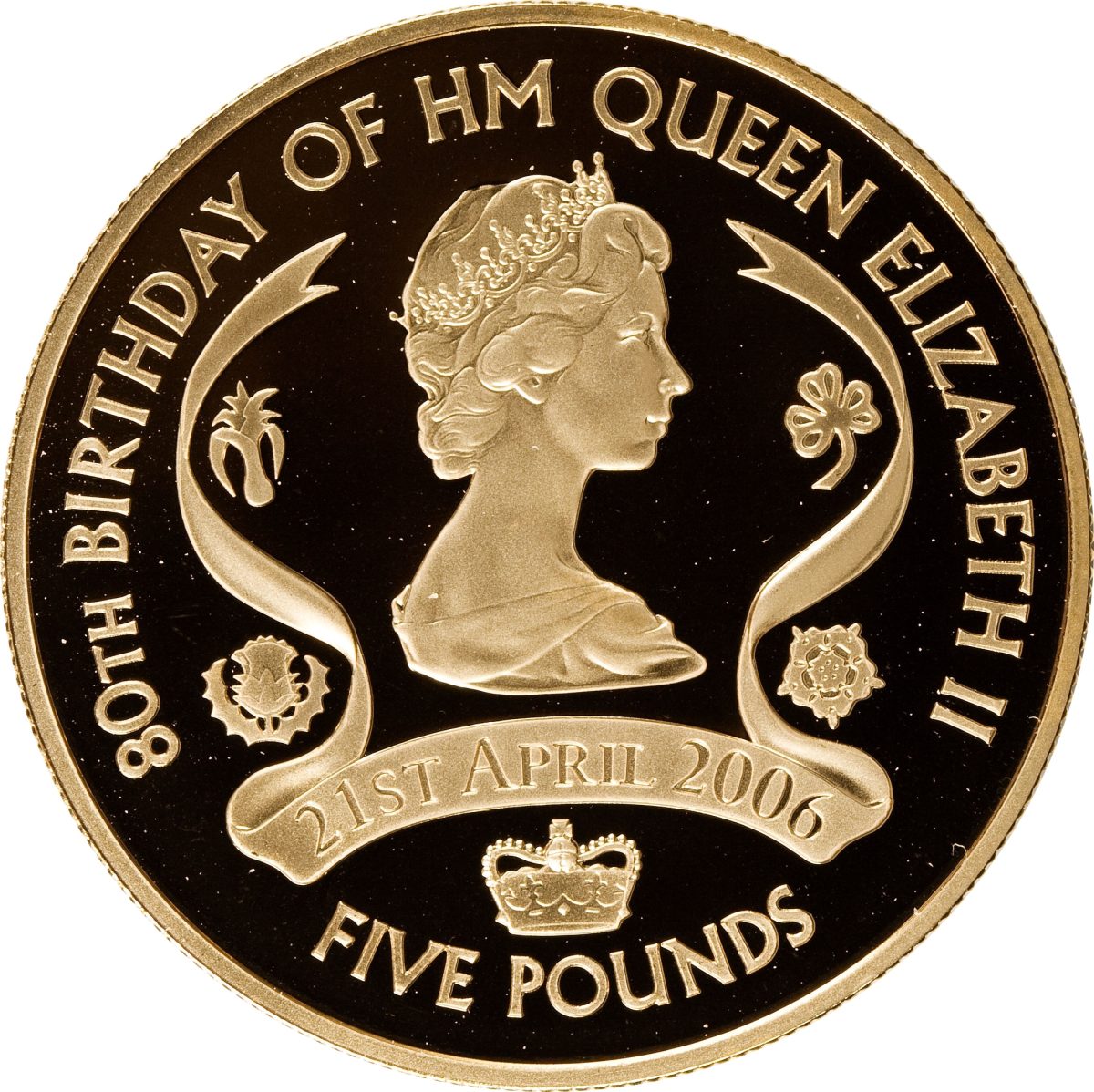 Jersey 5 Pounds - Elizabeth II Queen's 80th birthday; Gold Proof issue reverse