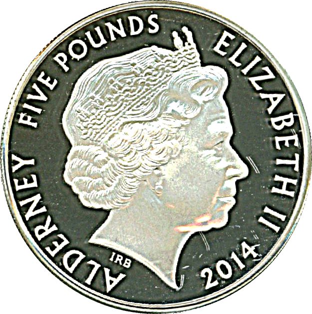 Alderney 5 Pounds - Elizabeth II King George I; Silver Proof obverse