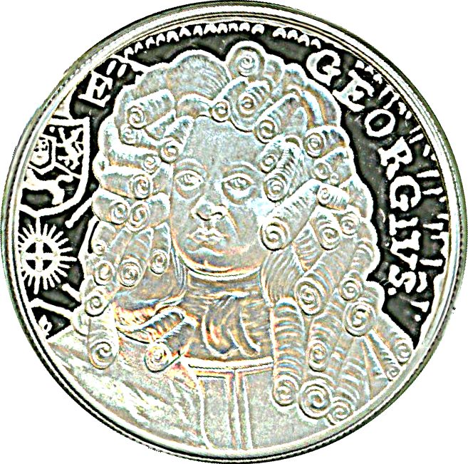 Alderney 5 Pounds - Elizabeth II King George I; Silver Proof reverse