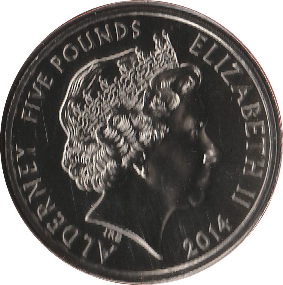 Alderney 5 Pounds - Elizabeth II King George I obverse