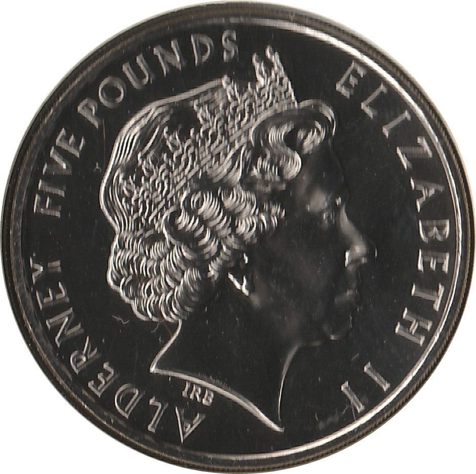 Alderney 5 Pounds - Elizabeth II Dylan Thomas obverse