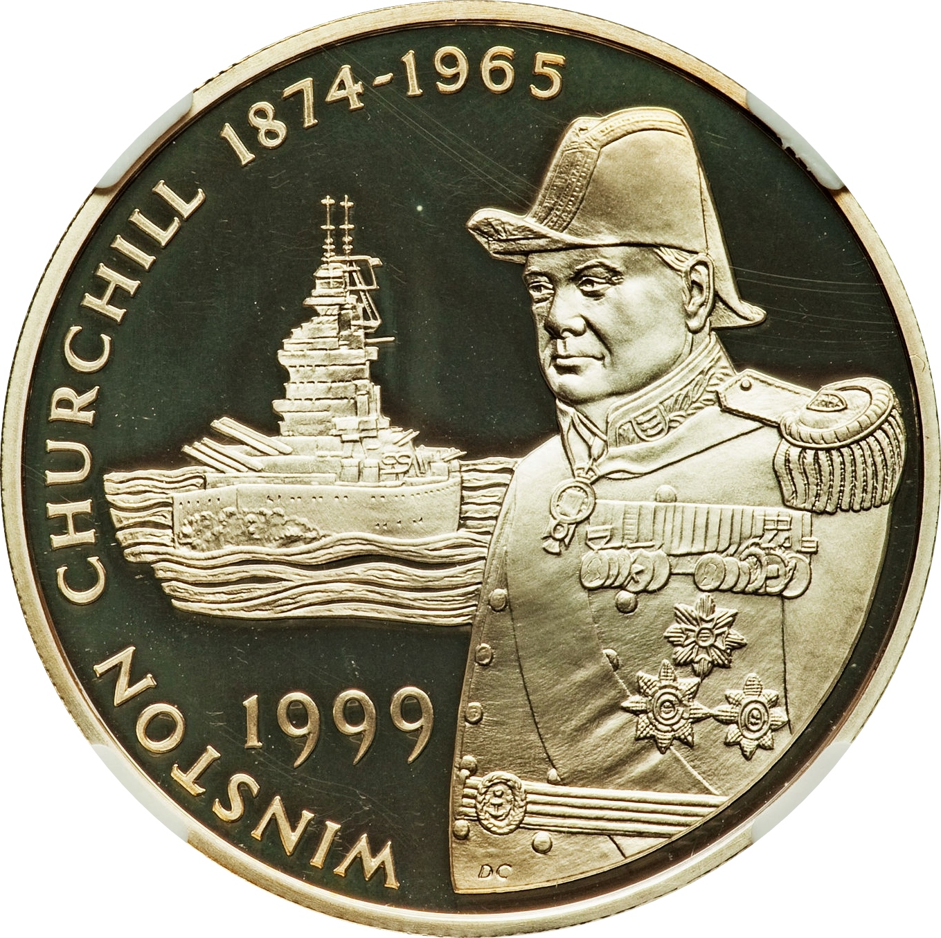 Falkland Islands 50 Pence - Elizabeth II USS Winston Churchill; Silver proof issue reverse