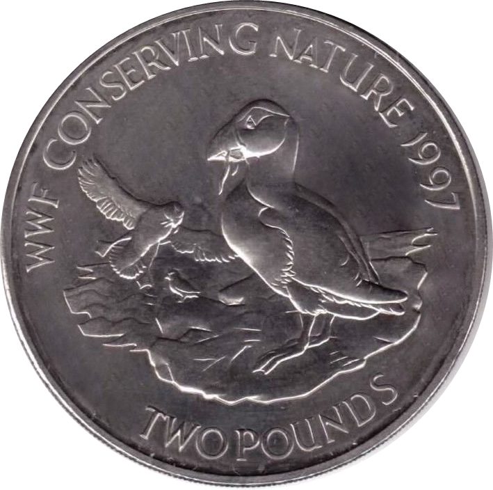 Alderney 2 Pounds - Elizabeth II Puffins; Silver Proof
