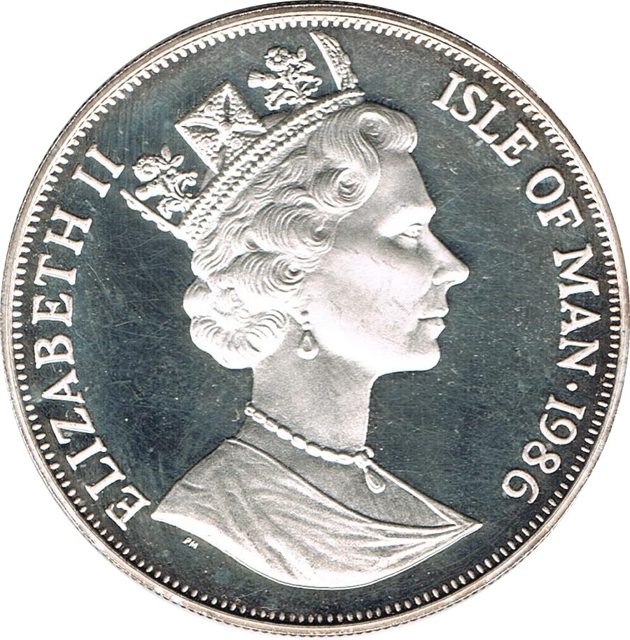 Isle of Man 1 Crown - Elizabeth II World Cup Mexico - 2 Players on Football; Silver Issue obverse