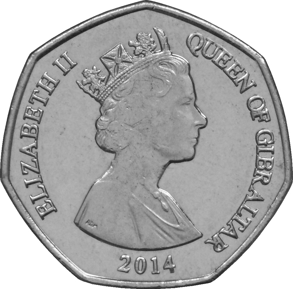 Gibraltar 50 Pence - Elizabeth II Barbary Ape obverse