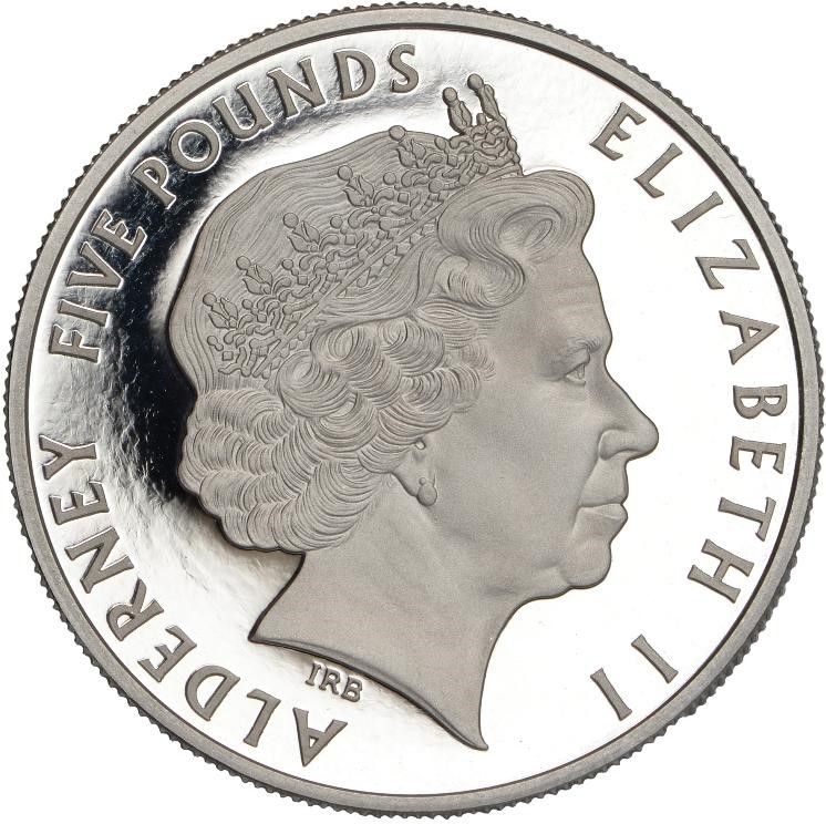 Alderney 5 Pounds - Elizabeth II VE Day; Platinum obverse