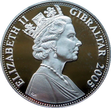 Gibraltar 5 Pounds - Elizabeth II Death of Horatio Nelson obverse