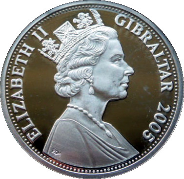 Gibraltar 5 Pounds - Elizabeth II Horatio Nelson on compass obverse