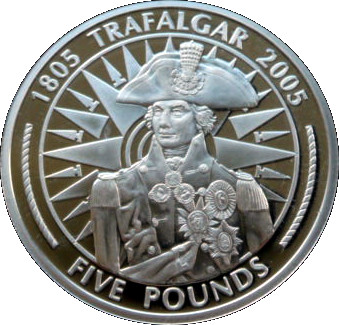 Gibraltar 5 Pounds - Elizabeth II Horatio Nelson on compass reverse