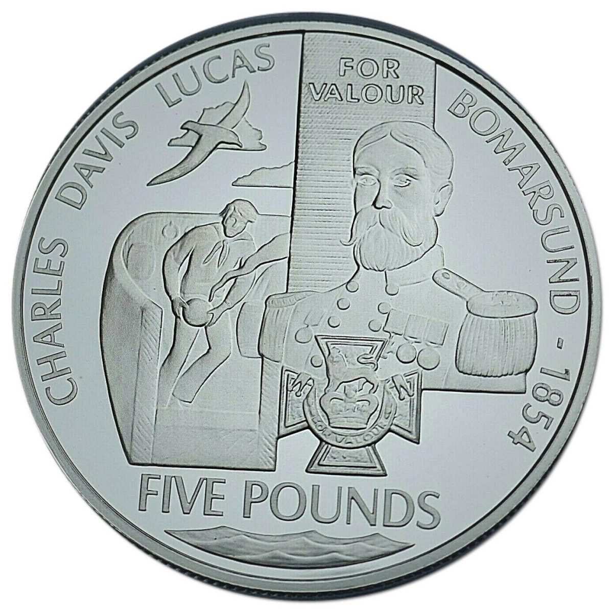 Alderney 5 Pounds - Elizabeth II Victoria Cross; Charles Davis Lucas reverse
