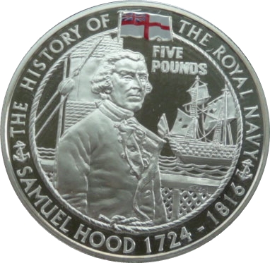 Alderney 5 Pounds - Elizabeth II Samuel Hood; Silver Proof reverse