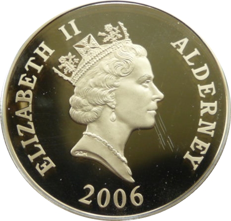 Alderney 5 Pounds - Elizabeth II Branch Line, Silver Proof Gold plated obverse