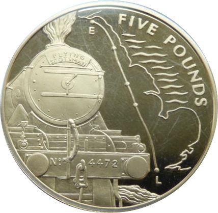 Jersey 5 Pounds - Elizabeth II Flying Scotsman; Silver Proof Gold Plated
