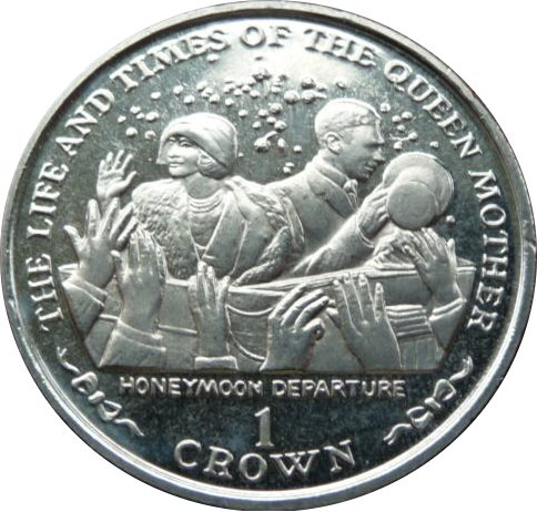 Isle of Man 1 Crown - Elizabeth II Queen Mother - Honeymoon departure reverse