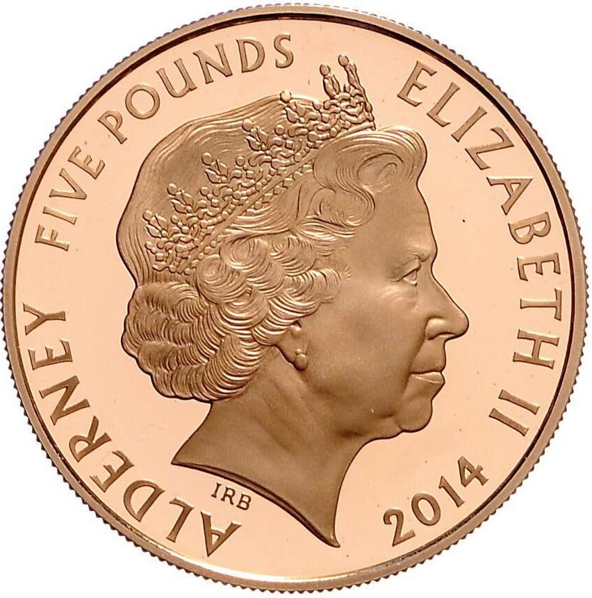 Alderney 5 Pounds - Elizabeth II King George I; Gold Proof obverse