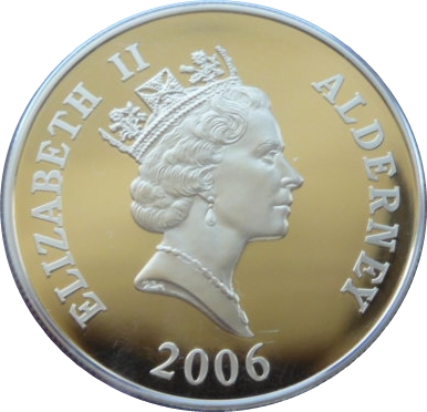 Alderney 5 Pounds - Elizabeth II Preparing the Locomotive; Silver Proof Gold plated obverse