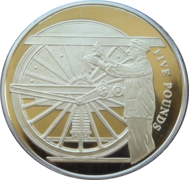 Alderney 5 Pounds - Elizabeth II Preparing the Locomotive; Silver Proof Gold plated