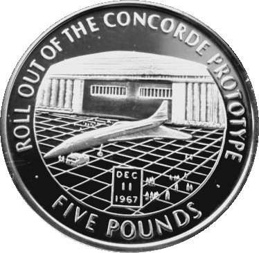 Gibraltar 5 Pounds - Elizabeth II Roll out of the Concorde Prototype reverse