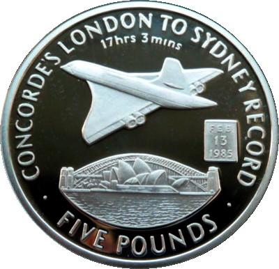 Gibraltar 5 Pounds - Elizabeth II Concorde's London to Sydney Record reverse