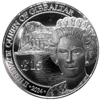 Gibraltar 15 Pounds - Elizabeth II Silver Royal - Rock of Gibraltar obverse