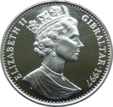 Gibraltar 1 Crown - Elizabeth II Golden Wedding-Queen with Charles, Anne and monkey obverse