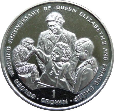 Gibraltar 1 Crown - Elizabeth II Golden Wedding-Queen with Charles, Anne and monkey reverse