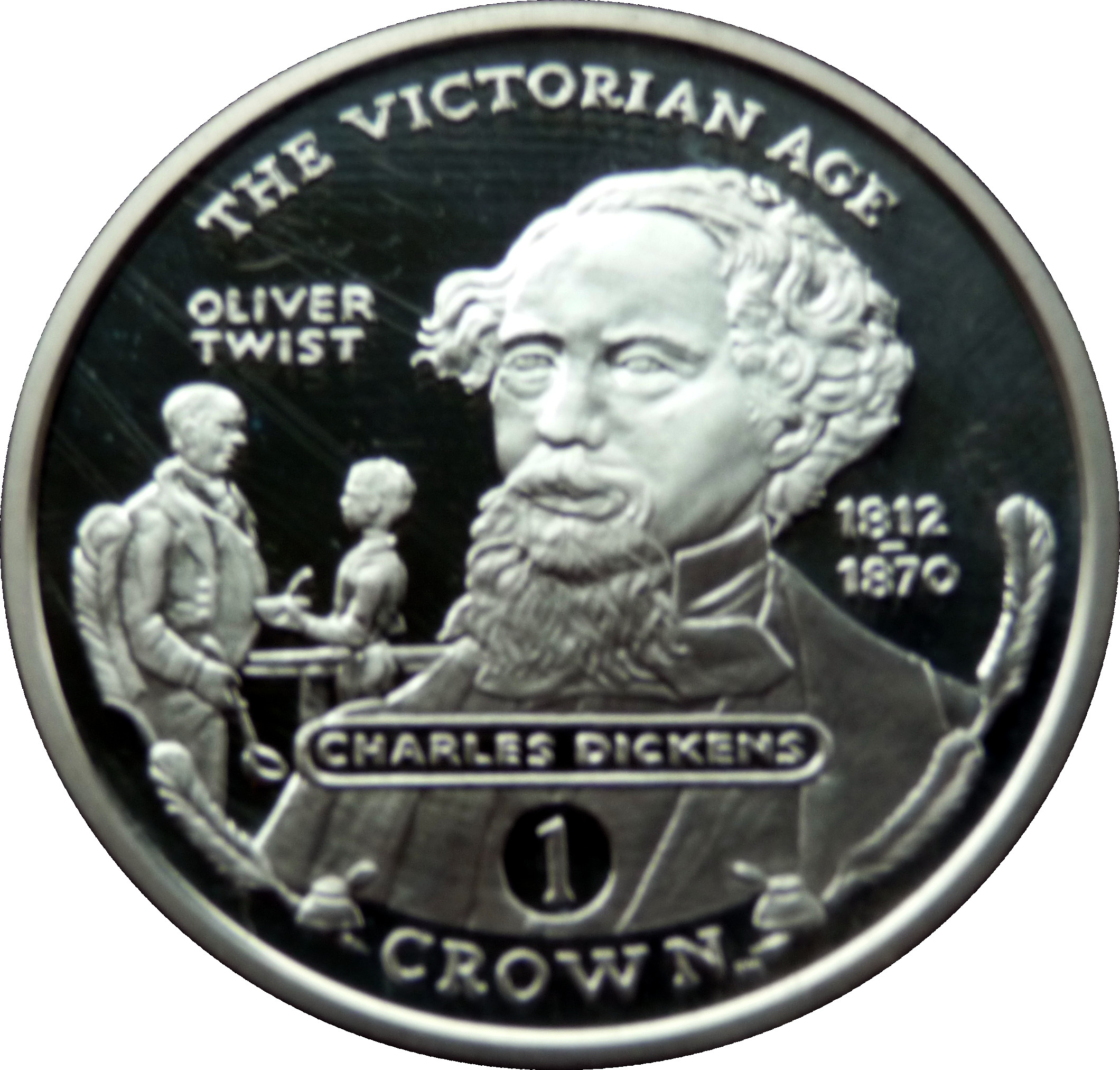 Gibraltar 1 Crown - Elizabeth II Charles Dickens; Silver Proof reverse