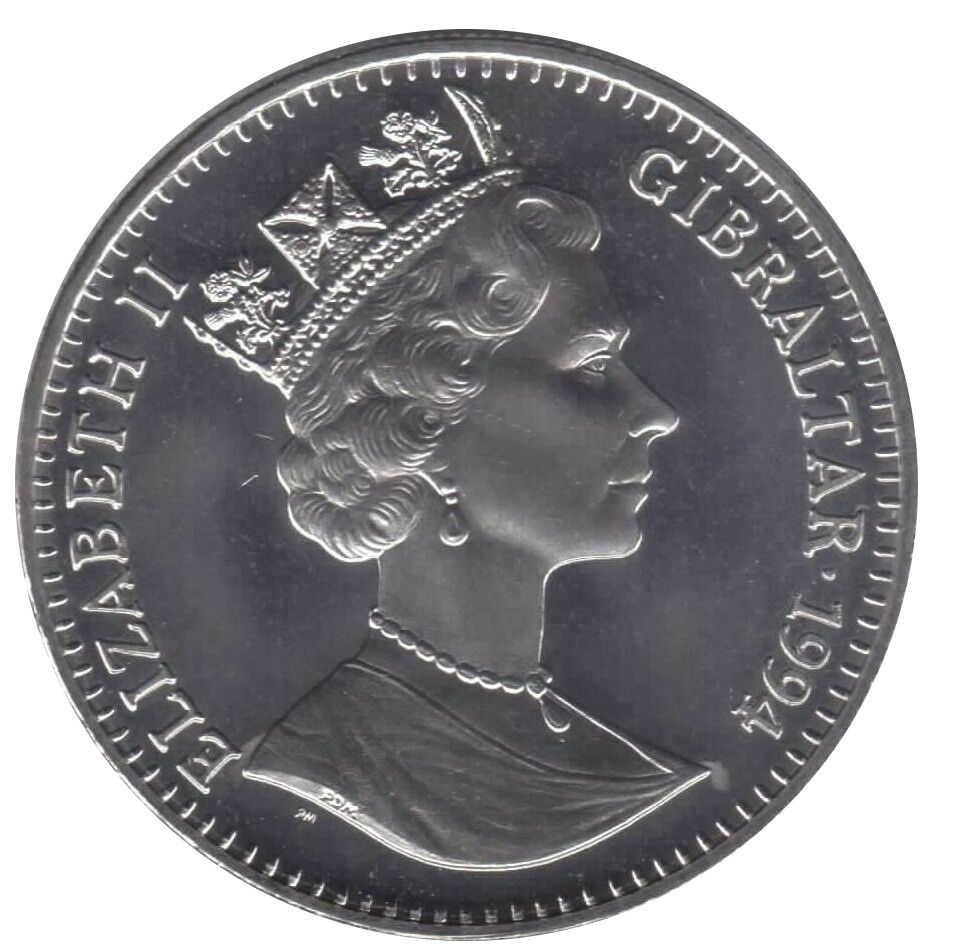 Gibraltar 1 Crown - Elizabeth II Player scoring under goalkeeper obverse