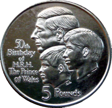 Gibraltar 5 Pounds - Elizabeth II Prince Charles - 50th Birthday