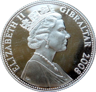 Gibraltar 5 Pounds - Elizabeth II Airplane and Tank obverse