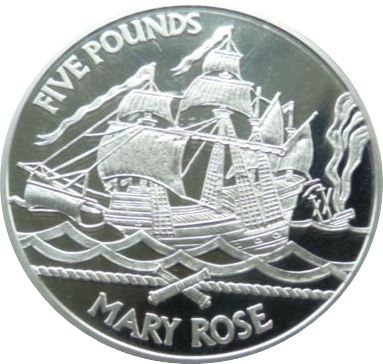 Guernsey 5 Pounds - Elizabeth II The Mary Rose; Silver reverse