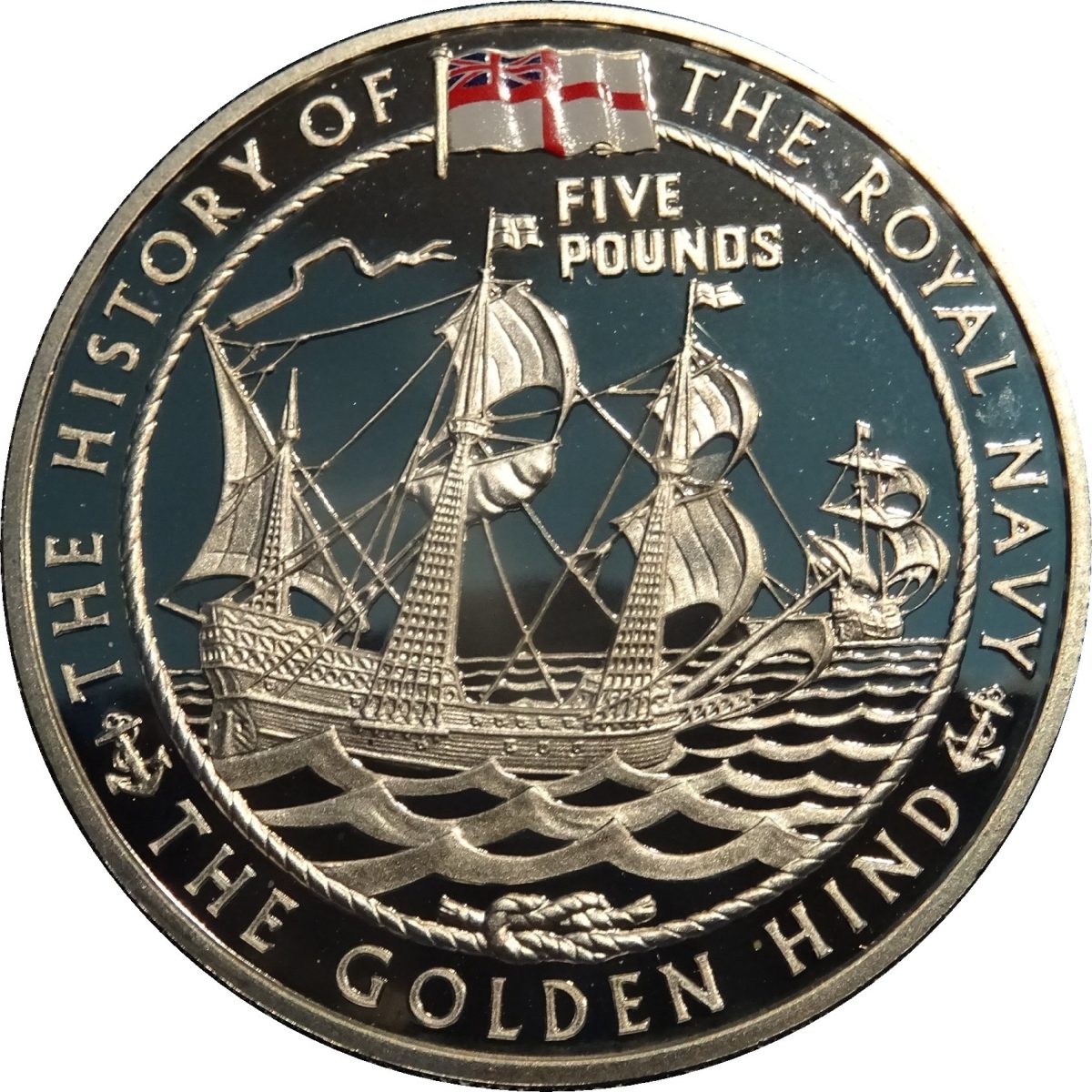 Guernsey 5 Pounds - Elizabeth II The Golden Hind - Silver reverse
