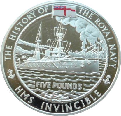 Guernsey 5 Pounds - Elizabeth II HMS Invincible - Silver reverse