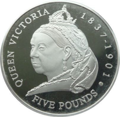 Guernsey 5 Pounds - Elizabeth II Queen Victoria Centennial - Silver