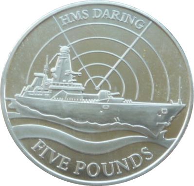Guernsey 5 Pounds - Elizabeth II HMS Daring reverse