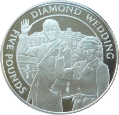 Guernsey 5 Pounds - Elizabeth II Diamond Wedding-Royal Couple Waving