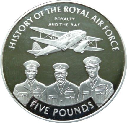 Guernsey 5 Pounds - Elizabeth II Royalty and the RAF - Silver reverse