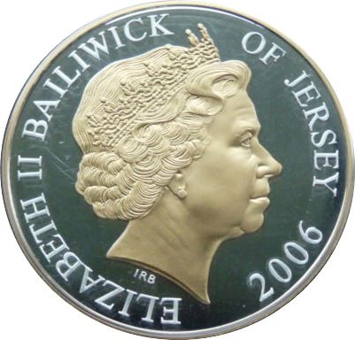 Jersey 5 Pounds - Elizabeth II Queen on Horseback; Silver Proof obverse